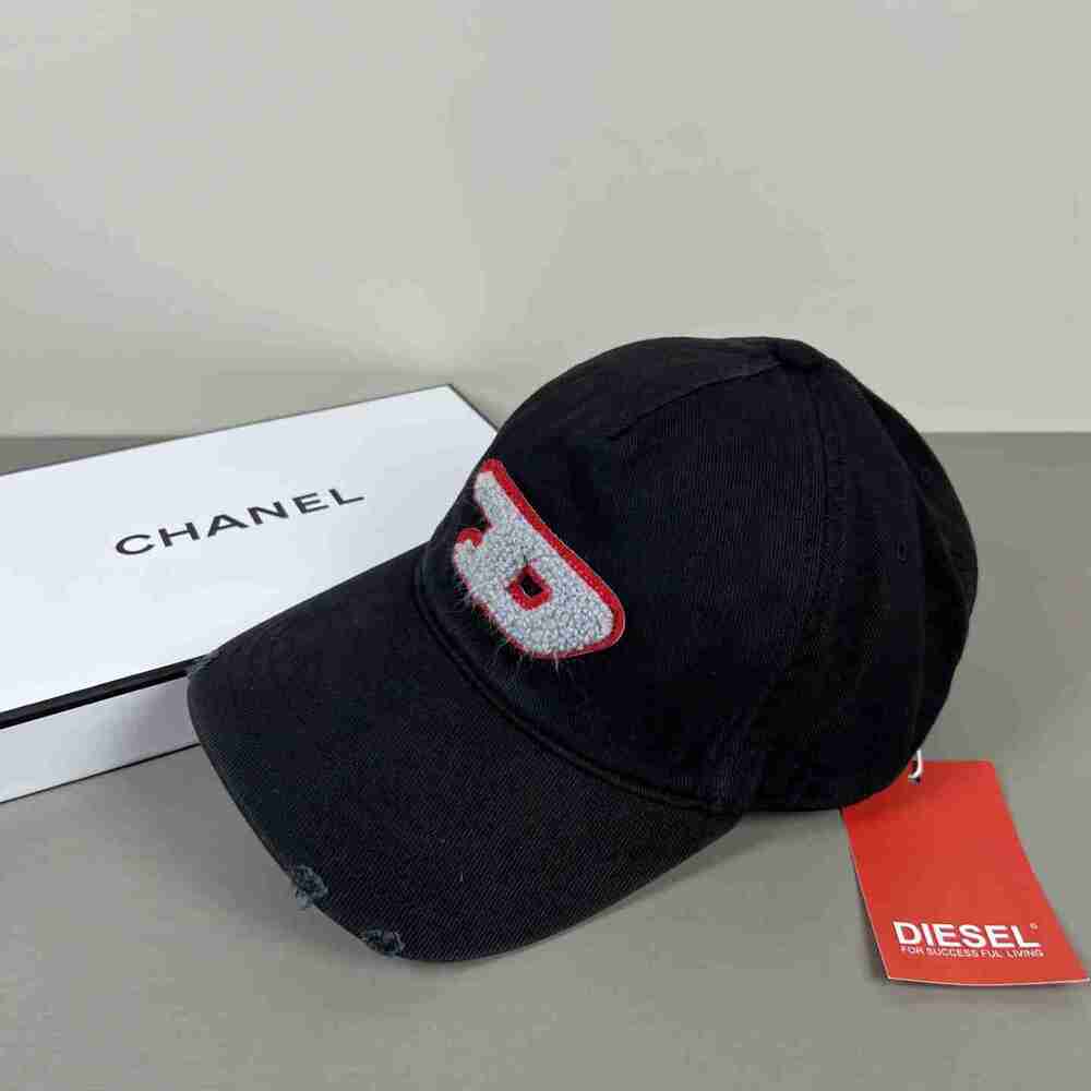 Diesel Black Chenille D Logo Distressed Baseball Cap